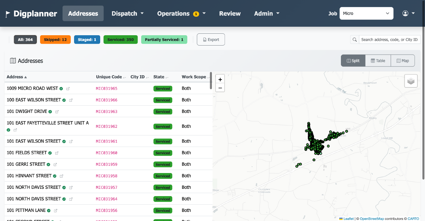 Digplanner addresses screen with status filters, table and map